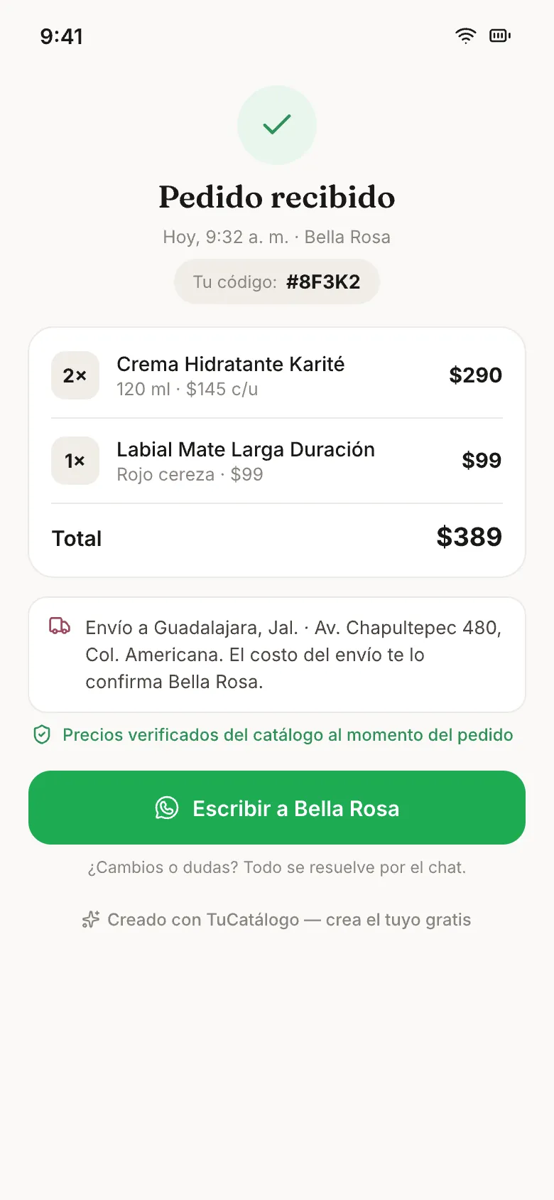 Página del pedido del cliente